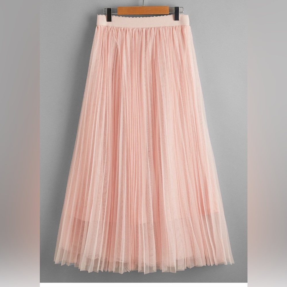 Baby Pink Mesh Tulle Pleated Skirt - Picture 6 of 10
